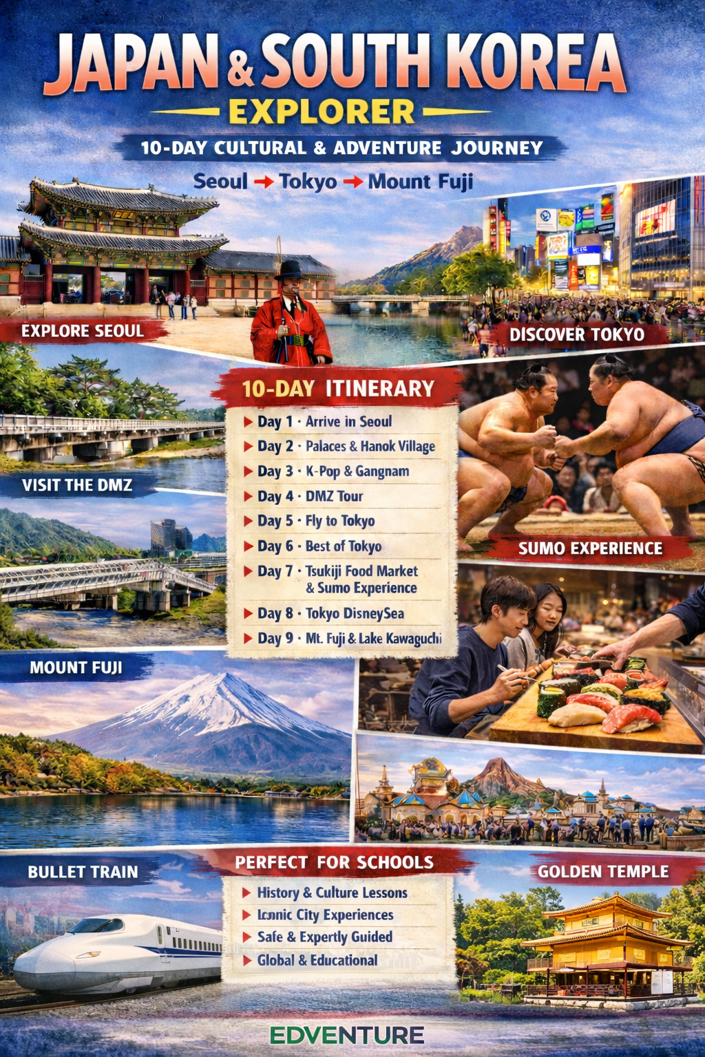A promotional poster for a 10-day cultural and adventure tour exploring South Korea and Japan, featuring highlights like Seoul, Tokyo, Mount Fuji, DMZ, sushi, sumo wrestling, and themed excursions.