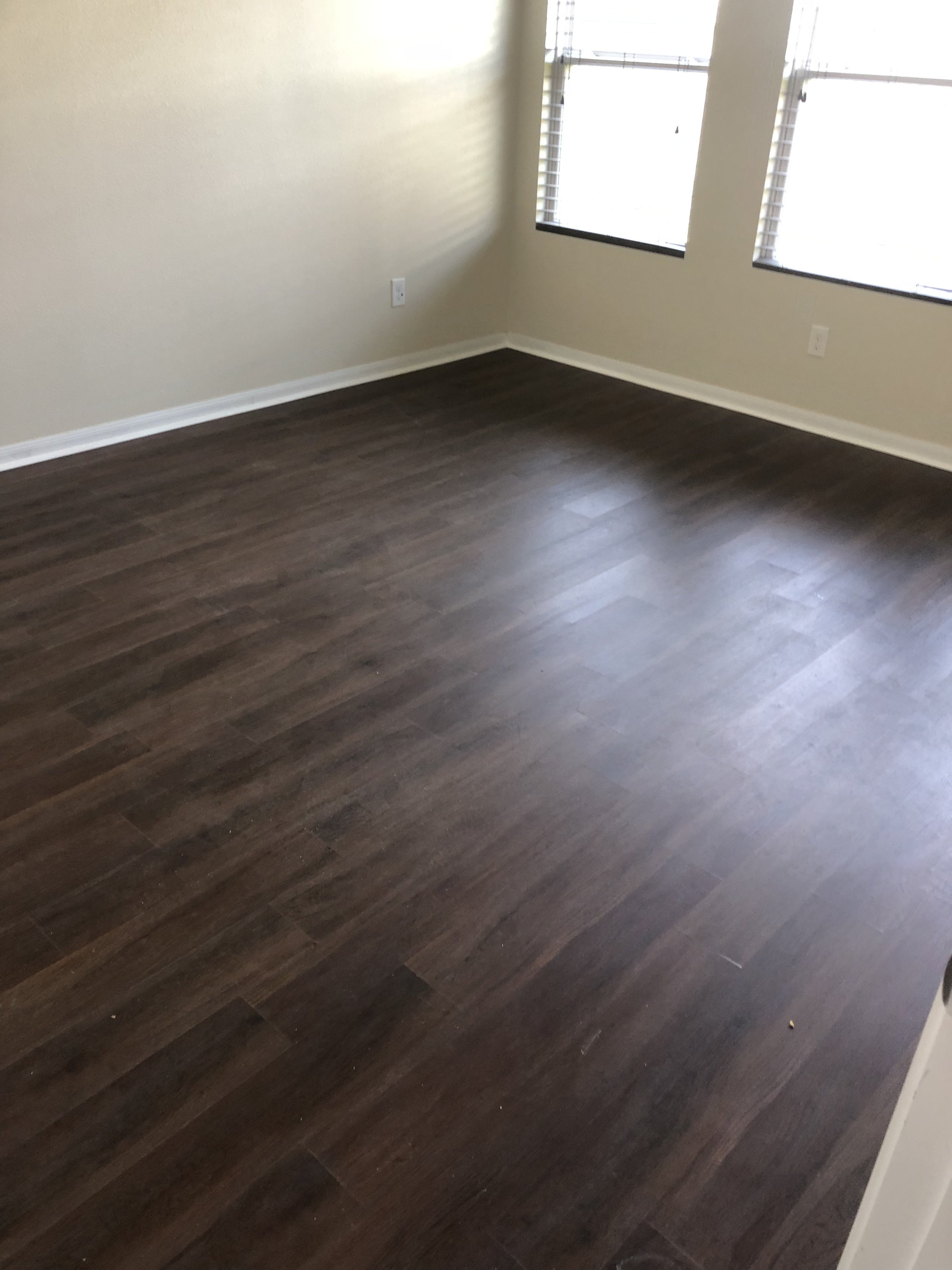 Empty room with dark wood floor and two windows