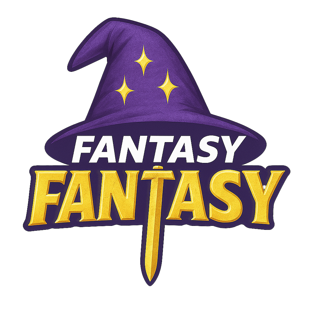 Logo featuring a purple wizard hat with stars and the words 'Fantasy Fantasy' in white and gold letters with a sword design.
