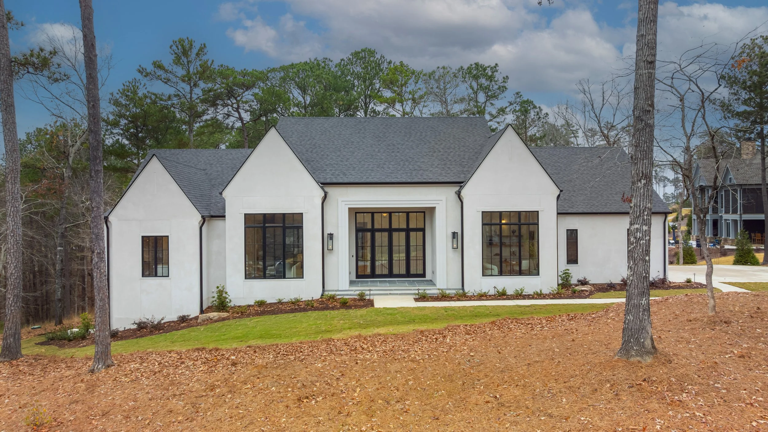 Modern white house with black-framed windows and a dark shingled roof, surrounded by trees and a landscaped yard.