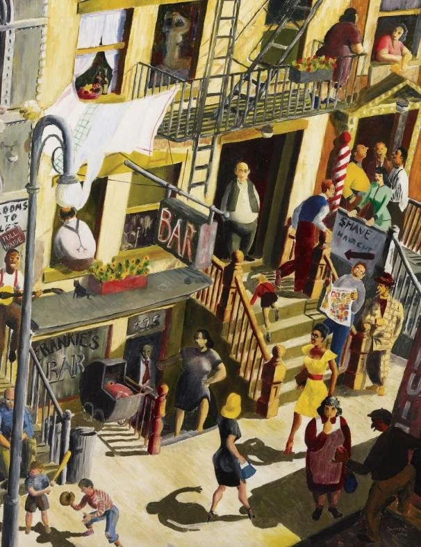 Busy lively scene of a multi-level city street filled with people, some walking and others gathered outside bars and establishments. Children play on the sidewalk, and a variety of signs and storefronts are visible.