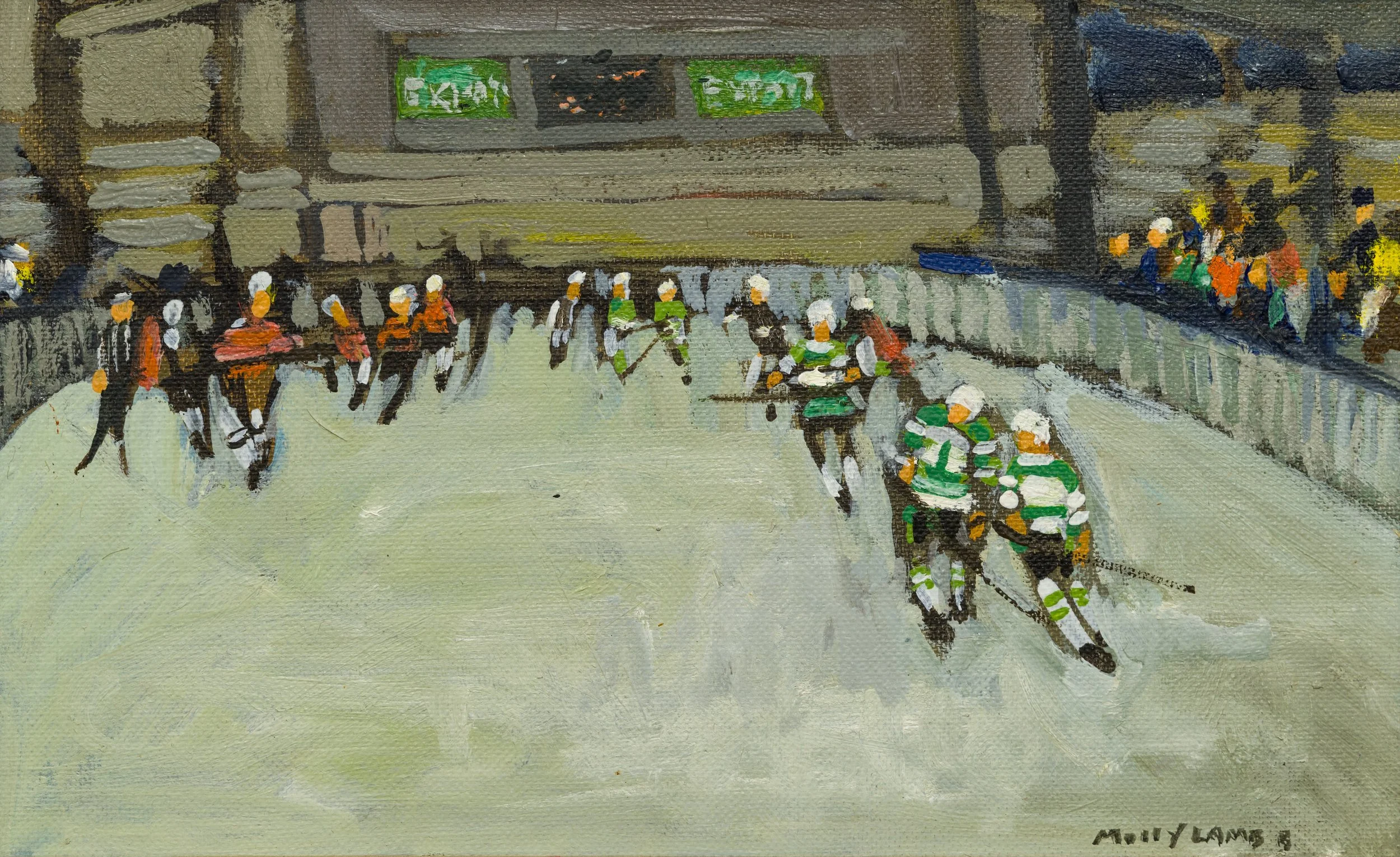 An ice hockey game in progress with players on the ice and spectators watching from the stands.