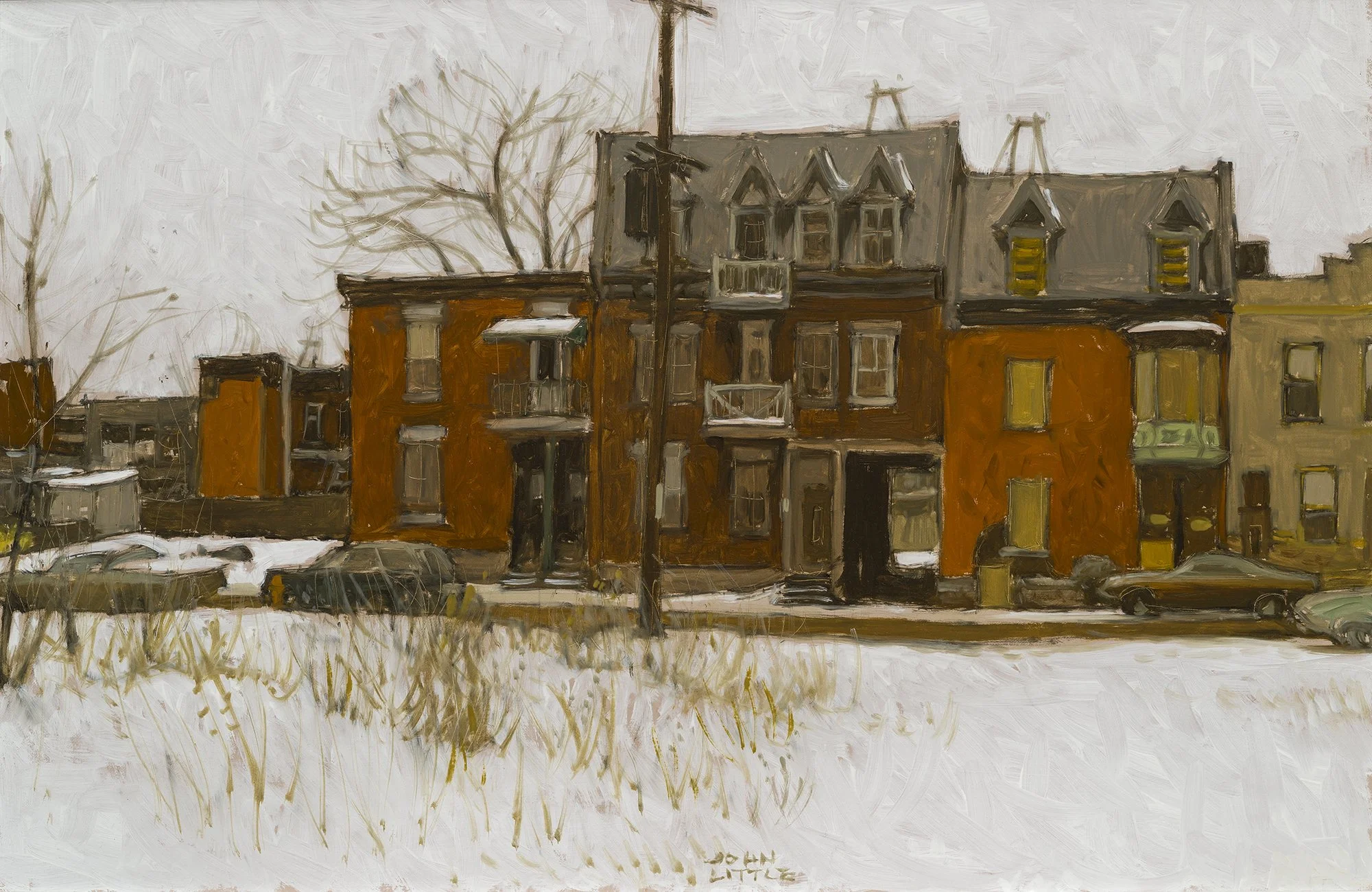 A painting of a row of multi-story residential buildings with balconies, set against a snowy landscape with bare trees and parked cars in the foreground.