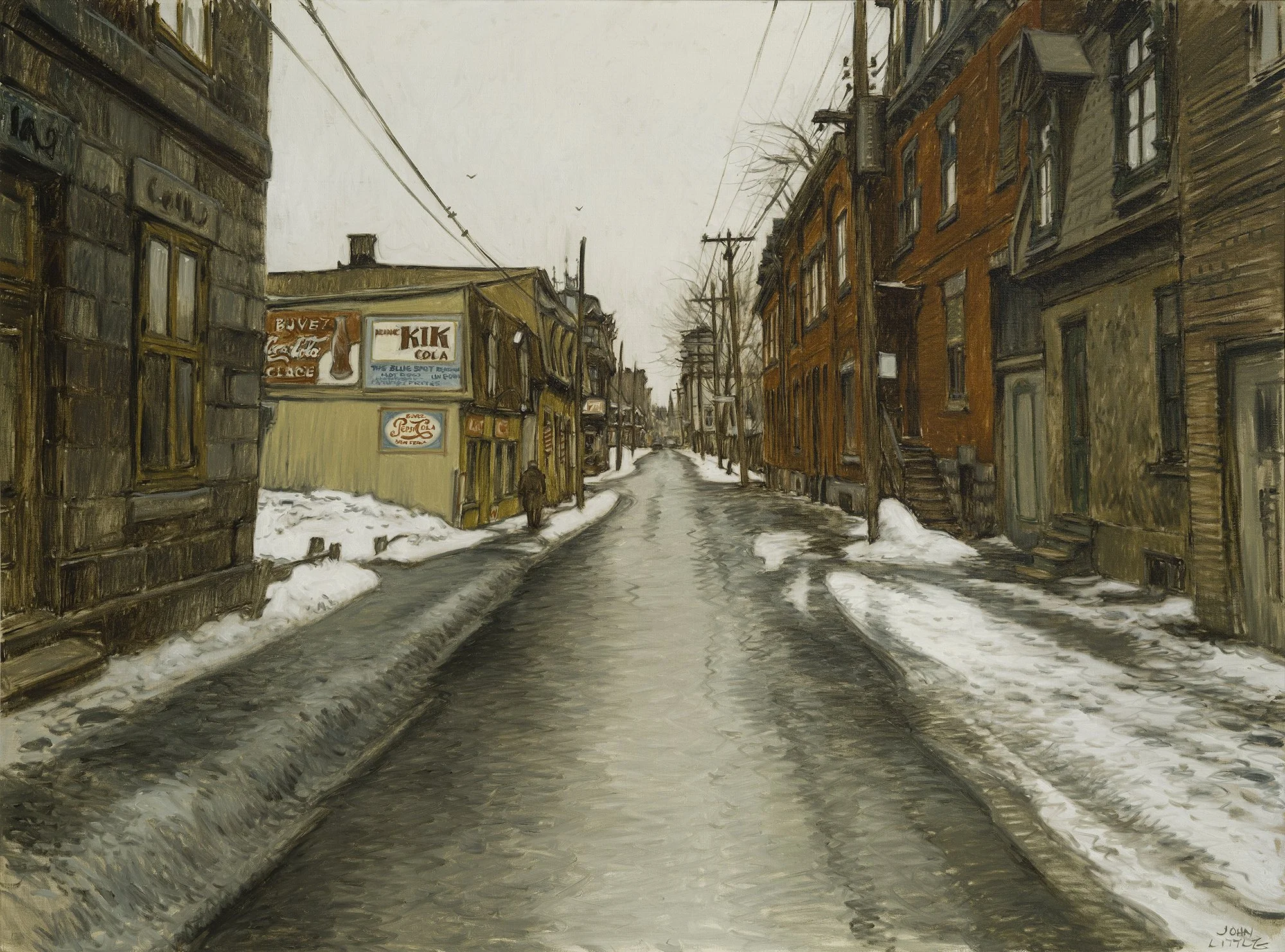 Painting of a snowy urban street scene with aged buildings on both sides. Signs on a shop include Coca-Cola, Pepsi, and local advertisements. A person walks along the sidewalk. The overcast sky and snow-covered ground suggest winter.