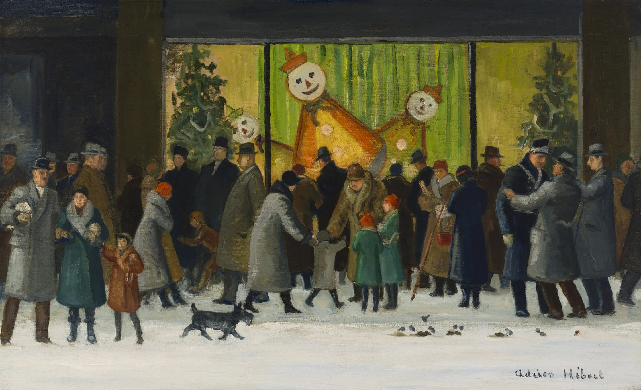 A painting depicting a holiday scene outside a store with Christmas decorations and a large window display showing snowmen. People dressed in winter coats, hats, and scarves walk on snow-covered ground, some greeting each other, with a small black dog among them.