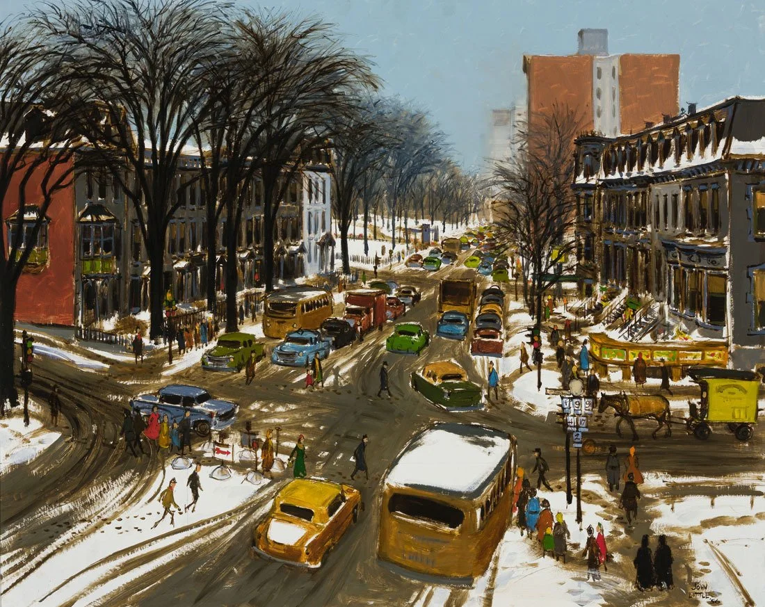 John Little, Sherbrooke at Peel
Oil on masonite, 24 x 30 in (61 x 76.2 cm)
1956