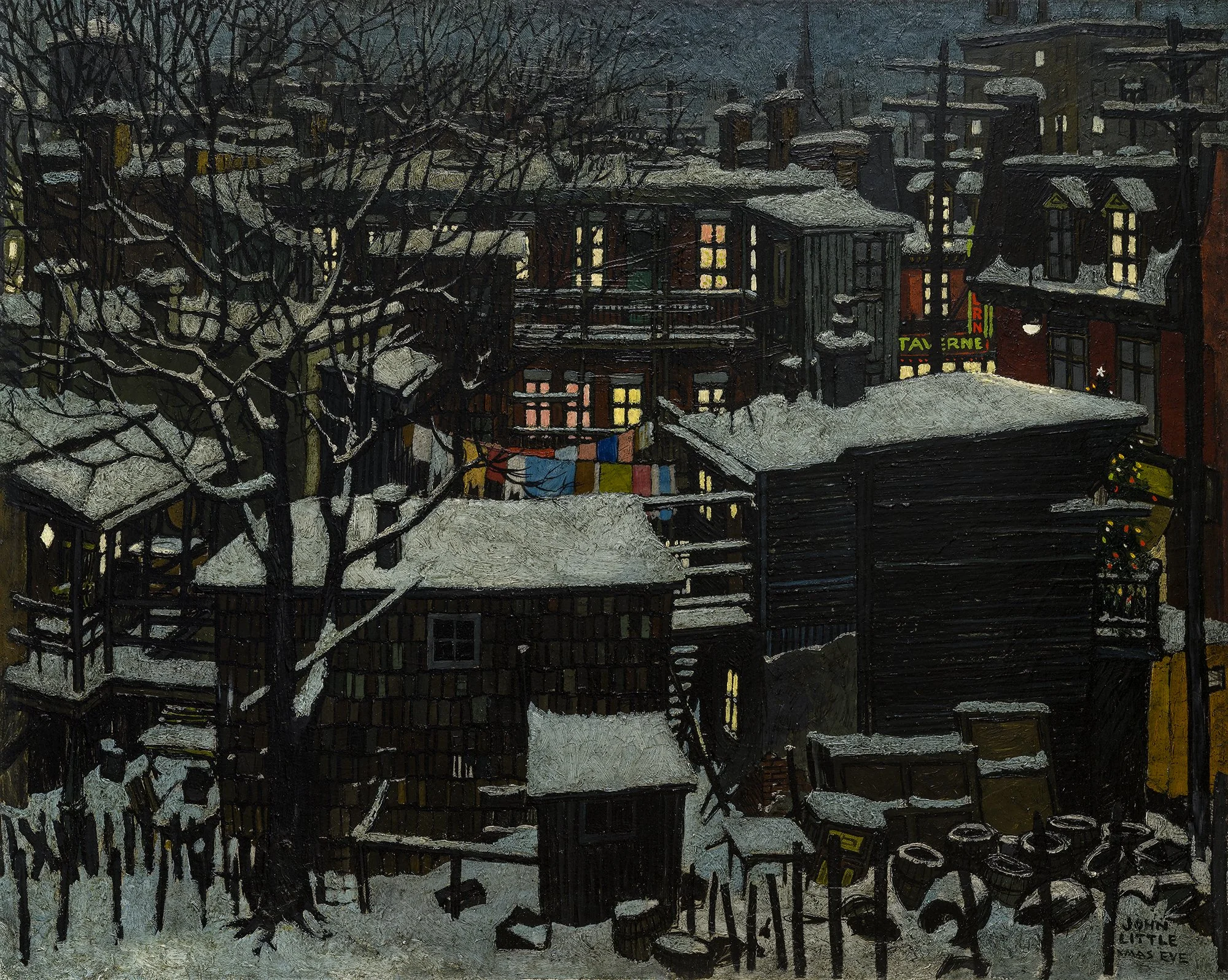 A nighttime winter scene of a snow-covered backyard with multi-story buildings, trees, and a neon sign that reads 'TAVERNE' visible among the dark structures.