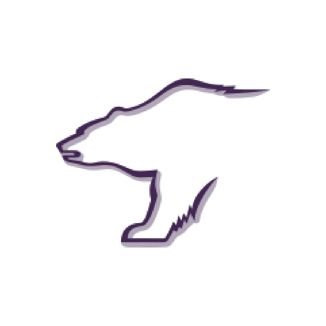 Floodwood Schools logo featuring a profile outline of a polar bear head and front body with a purple and gray color scheme.
