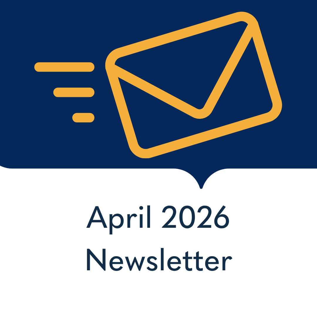 Icon of an envelope with motion lines, indicating sending or receiving email, above the text "April 2026 Newsletter".