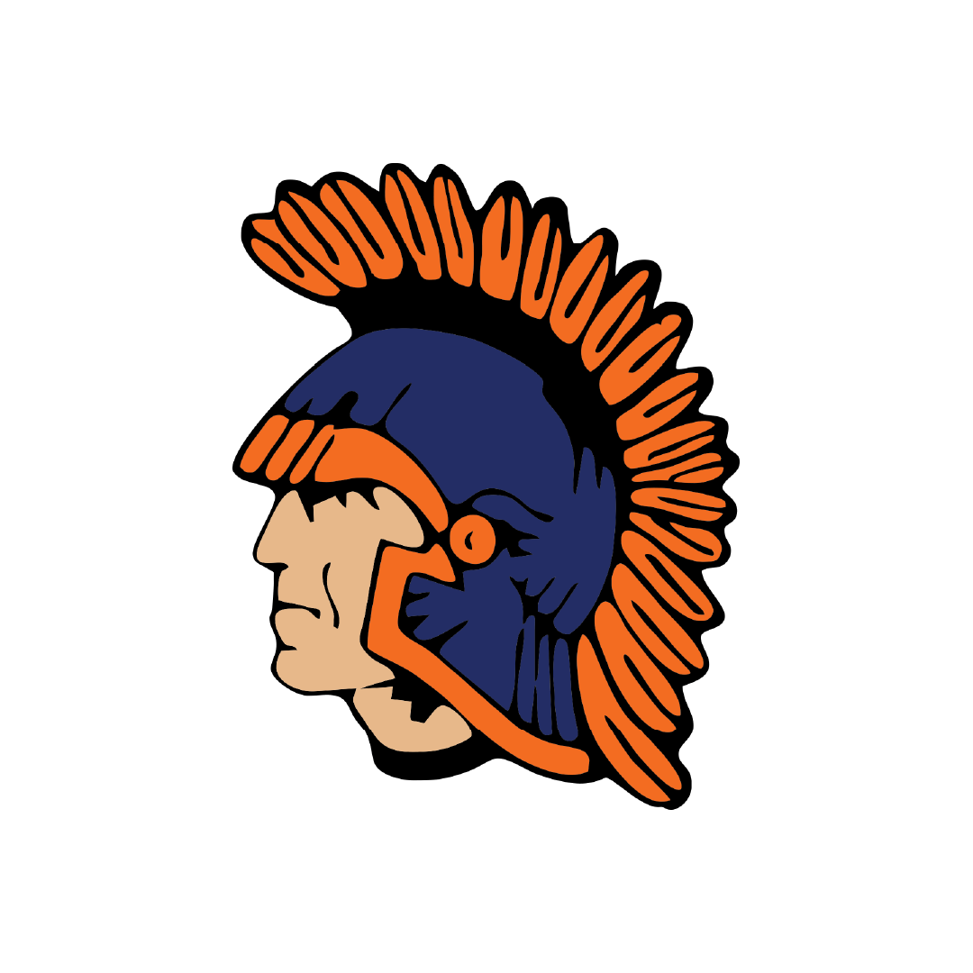 Nashwauk-Keewatin Schools logo of a Spartan warrior helmet with orange plume and navy blue crest on a black background.