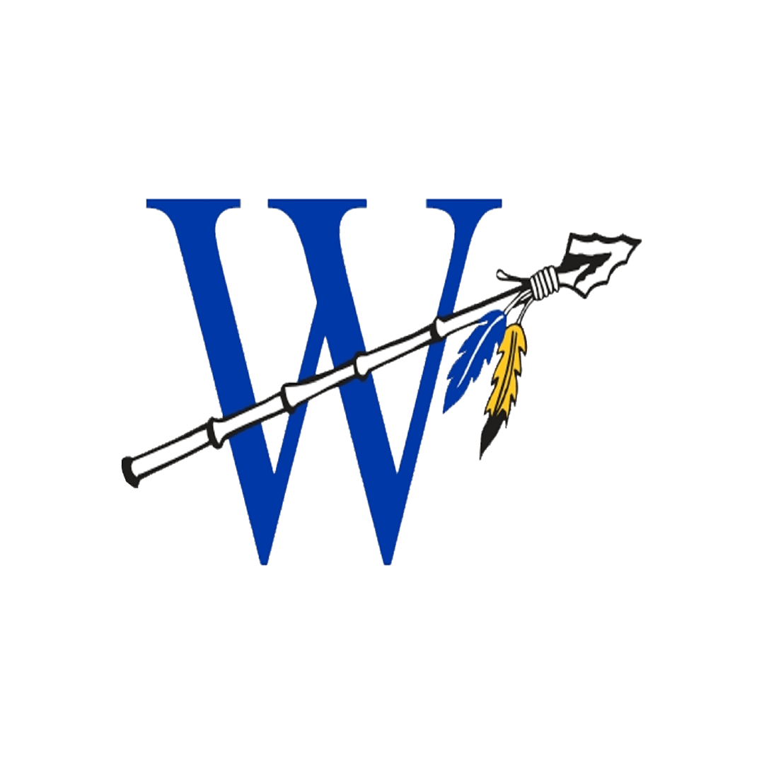Deer River High School Logo logo featuring a large blue 'W', a white and black spear with a feather attached.