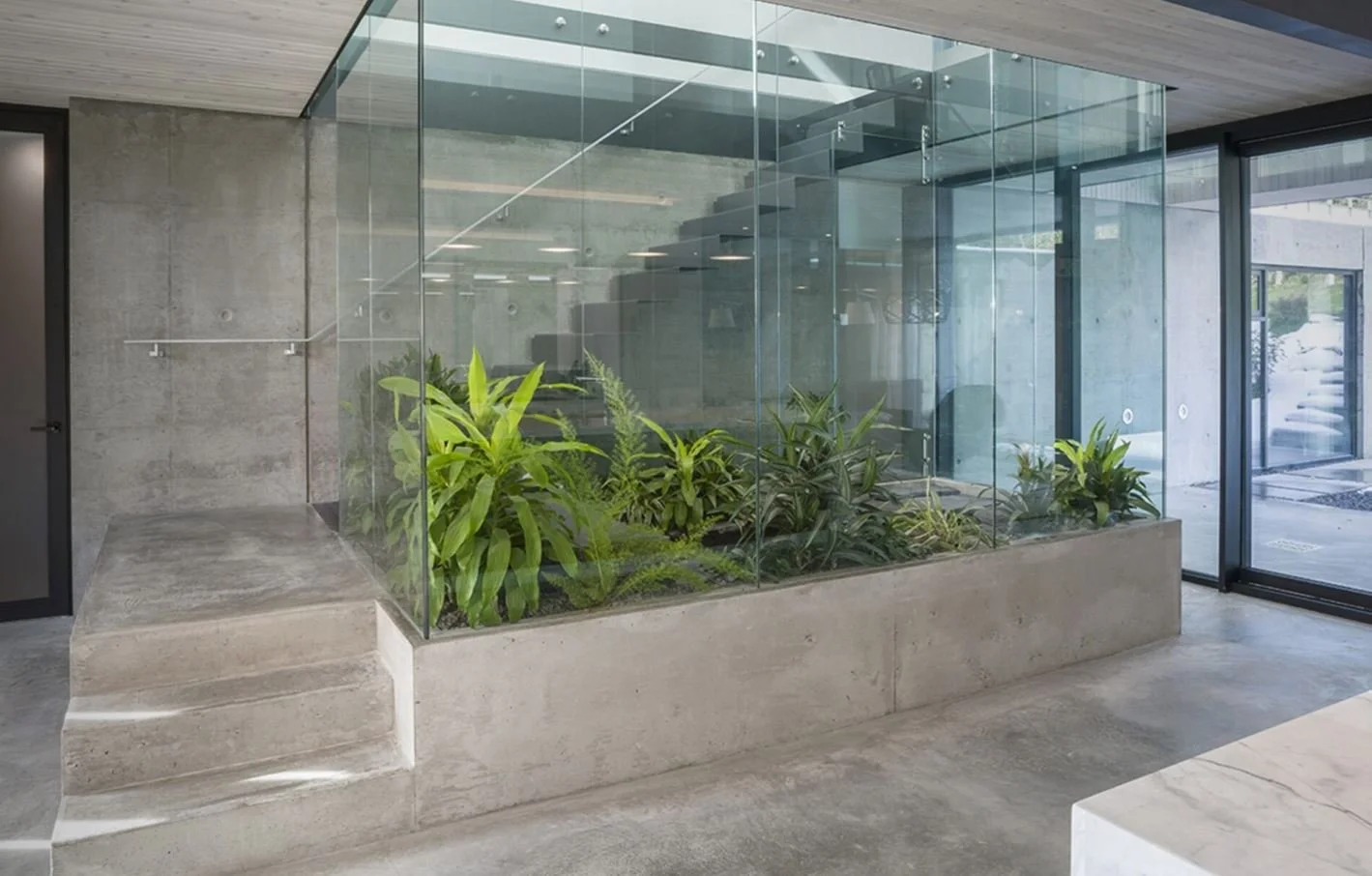Indoor planter with green plants enclosed by glass in a modern building lobby.