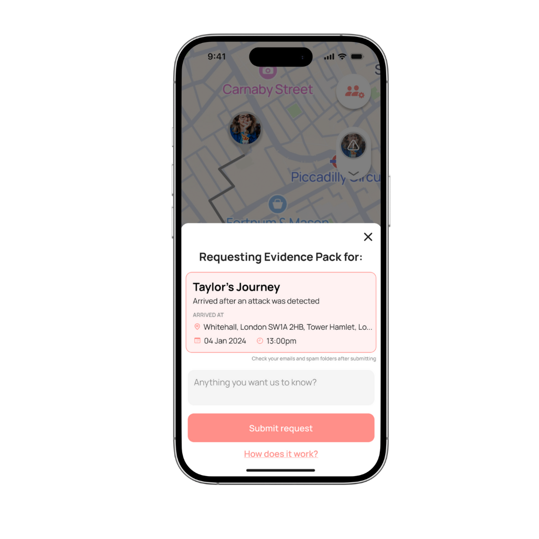 Smartphone showing Epowar women safety app Evidence storing setting enabling friends to request evidence of an attack for their safety