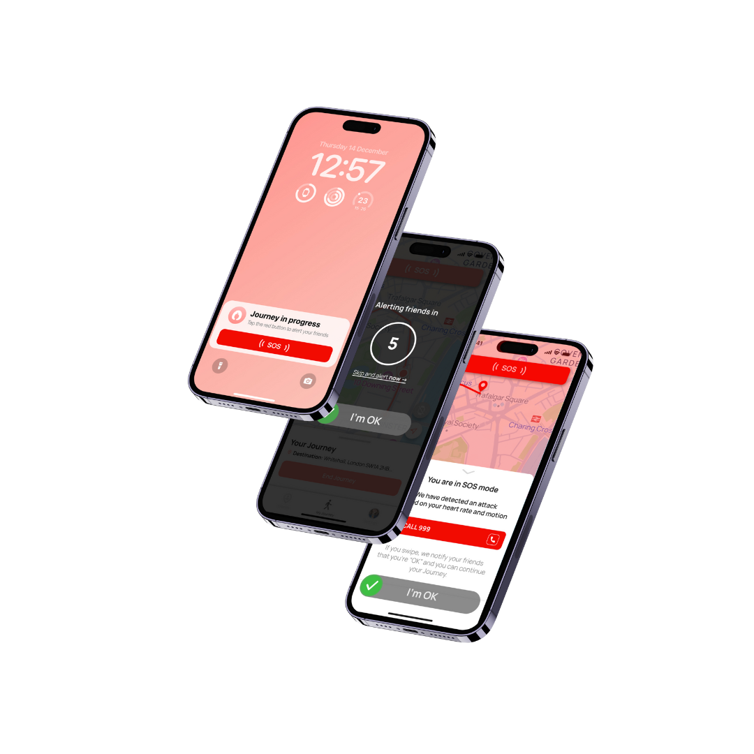 three smartphones showing the SOS button for emergencies on  Epowar the women safety app from lock screen SOS button over countdown to SOS mode in emergencies with option too call 999