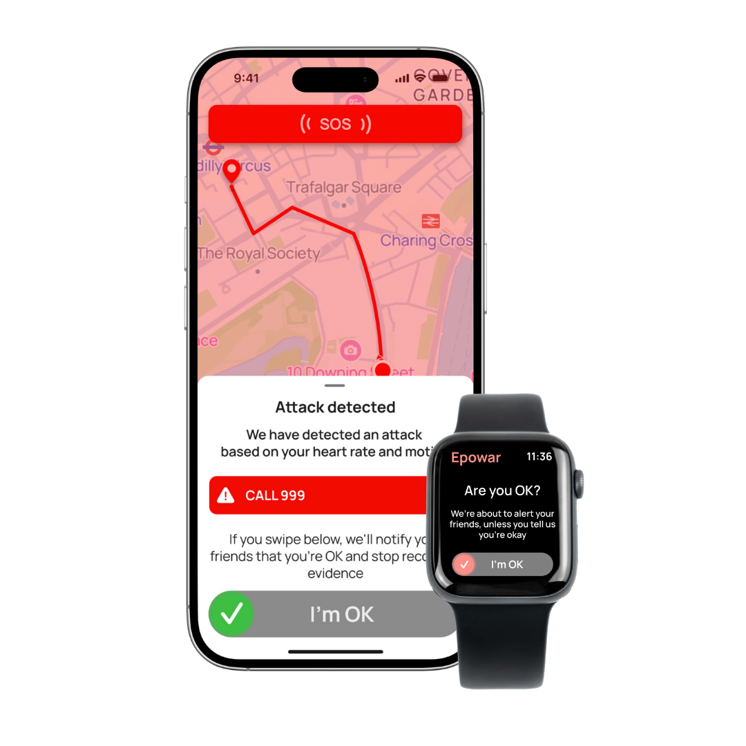 smartphone and apple watch showing women safety app Epowar in SOS mode for emergencies – shows route home in red and option to call 999 and emergency services