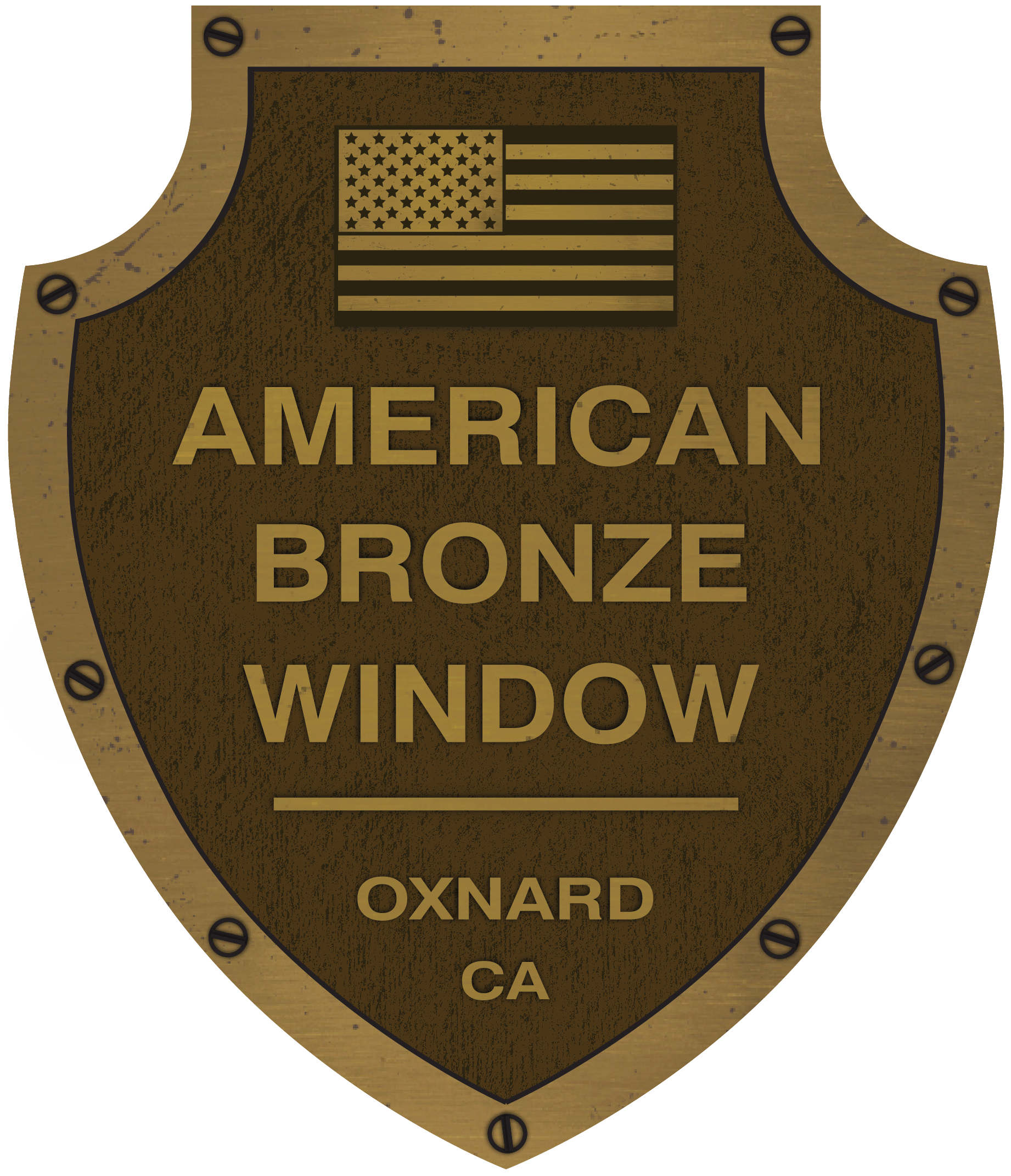 A metal badge with a wood-like background, featuring a small American flag at the top and the words "American Bronze Window" and "Oxnard CA" engraved on it.