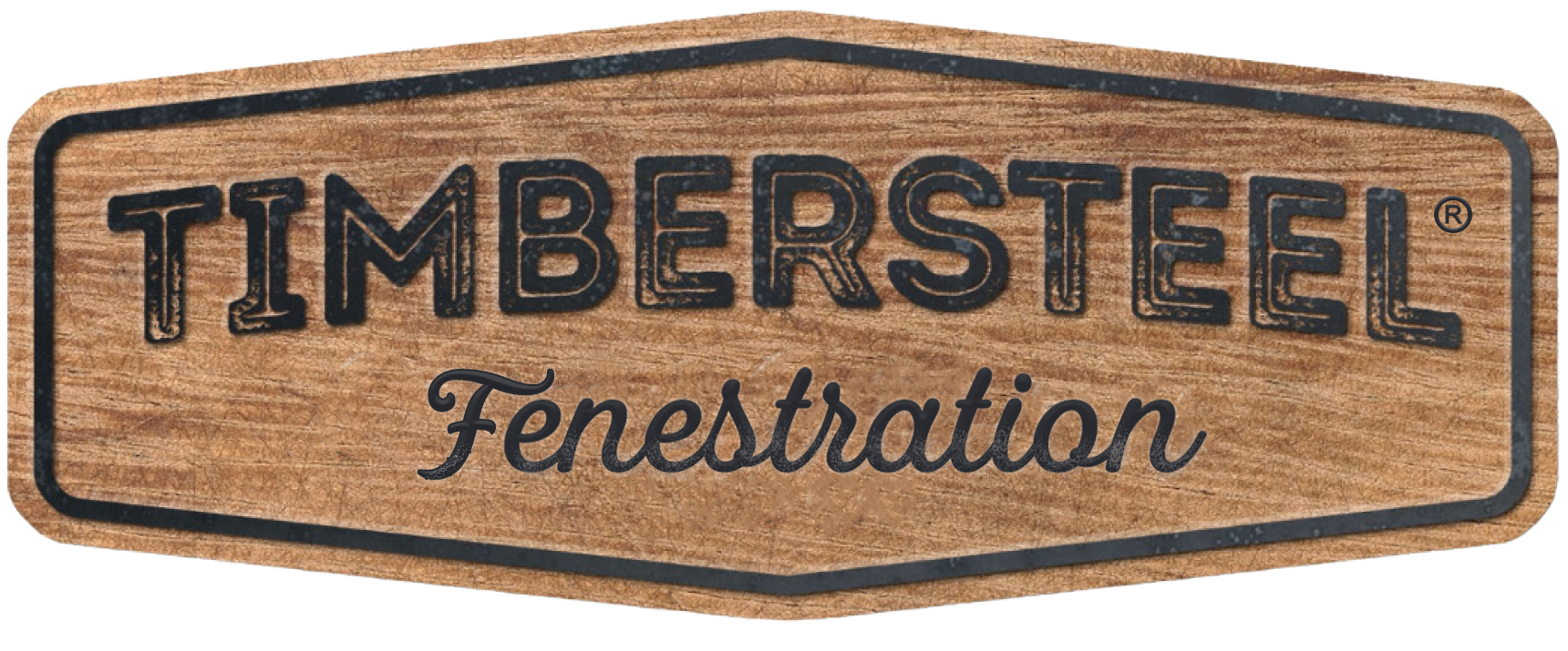 Wooden sign with black border and black text that reads "Timberstel Fenestration."