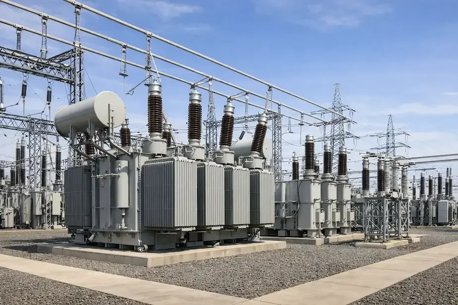 A large group of transformers stands in an industrial area, surrounded by machinery and power lines under a clear sky.