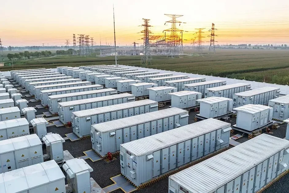 Battery energy storage system containers lined up near transmission towers at sunrise in a utility-scale facility.