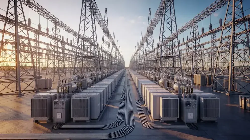 Aerial view of multiple electrical substations clustered in an industrial area