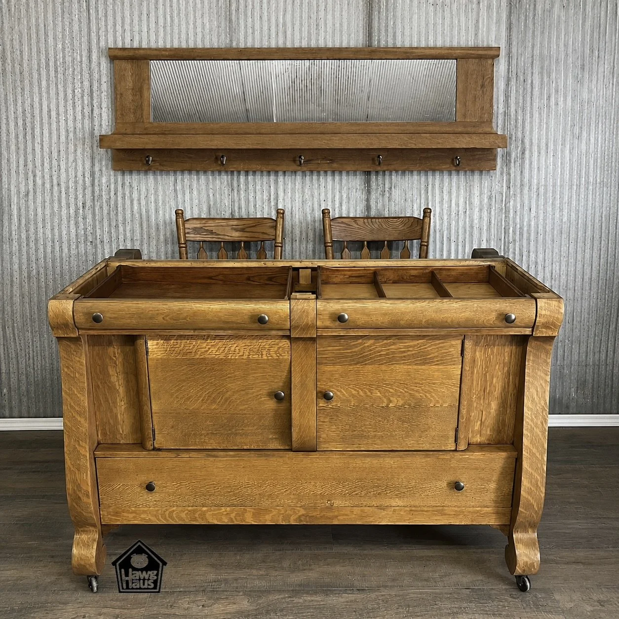 Antique Buffet customized to Kitchen Island, bar stools included                      (No top included)