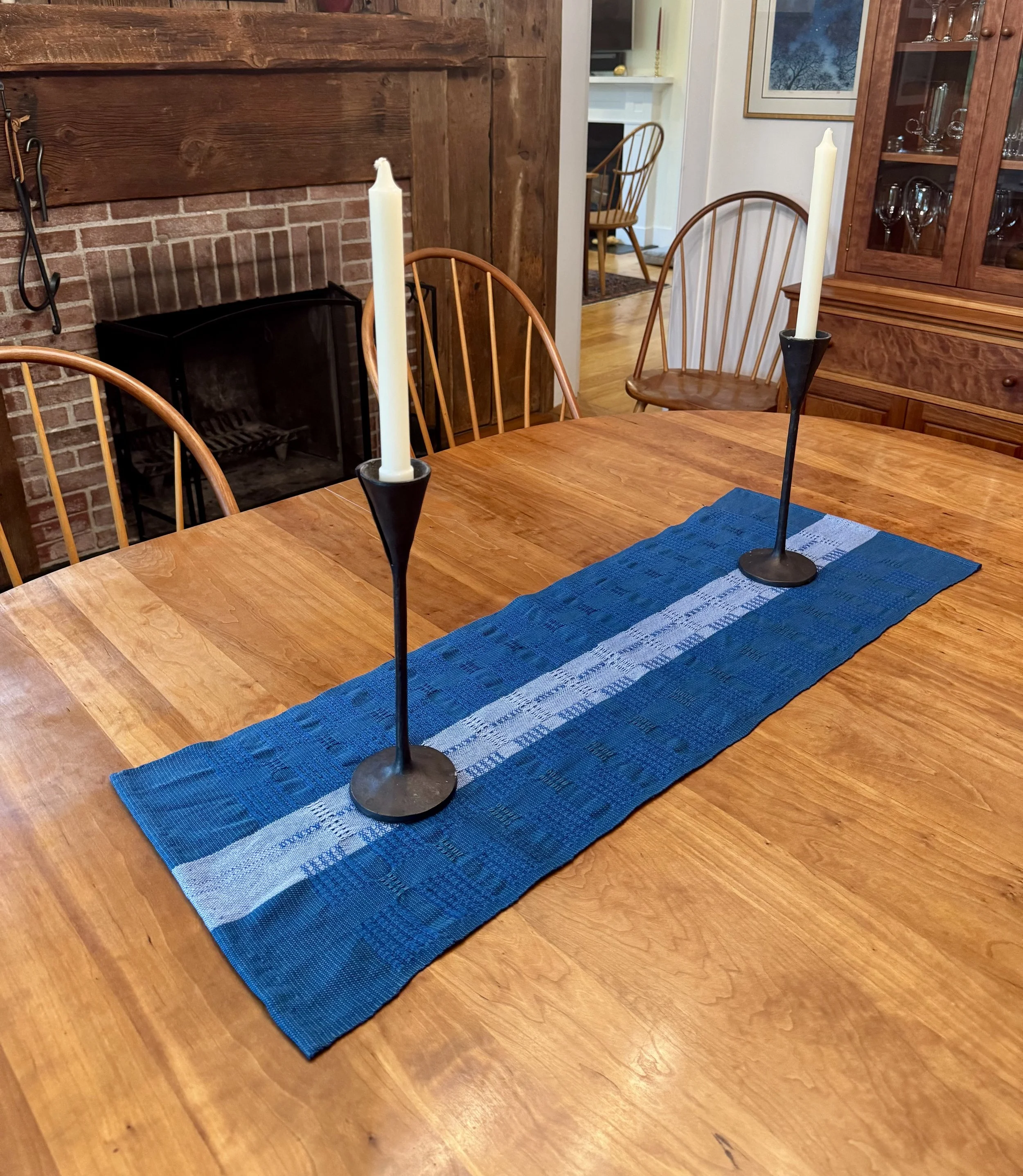 A custom designed Andrea White Designs table runner shown in the customer's home in Berkshire County, MA.
