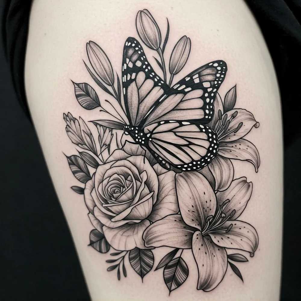 Close-up photograph of a butterfly and flowers tattoo