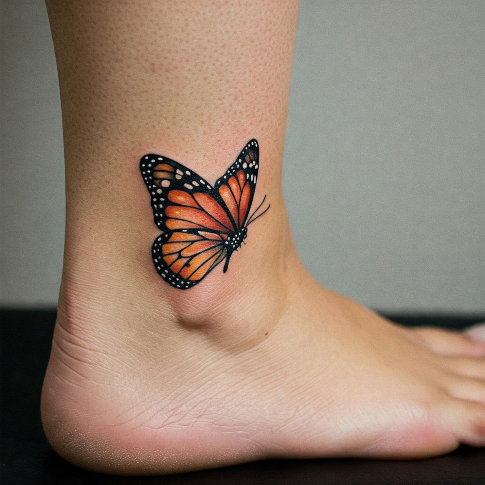 Close-up photograph of a colored butterfly tattoo on the ankle