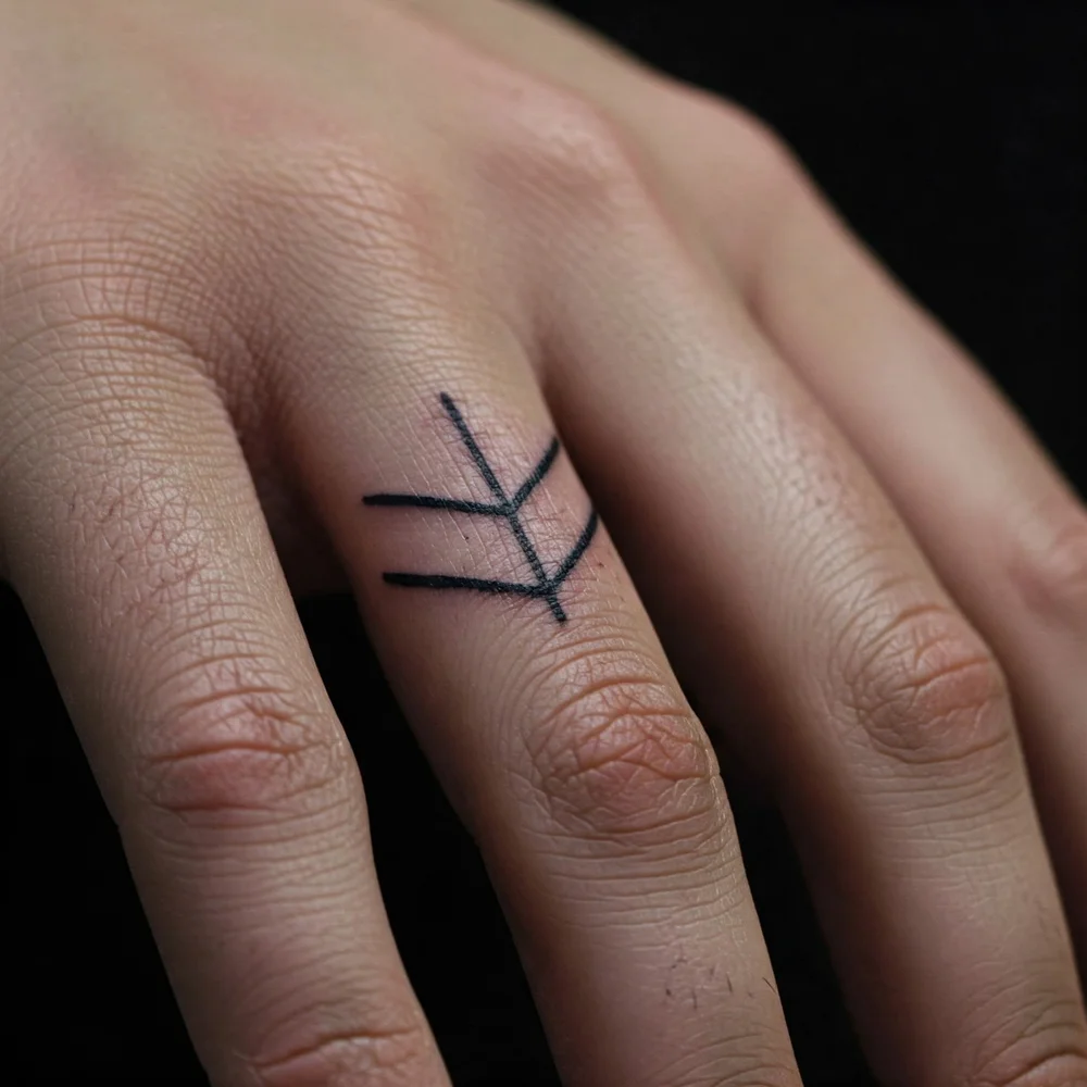 Close-up photograph of a fine line flash tattoo design on the finger