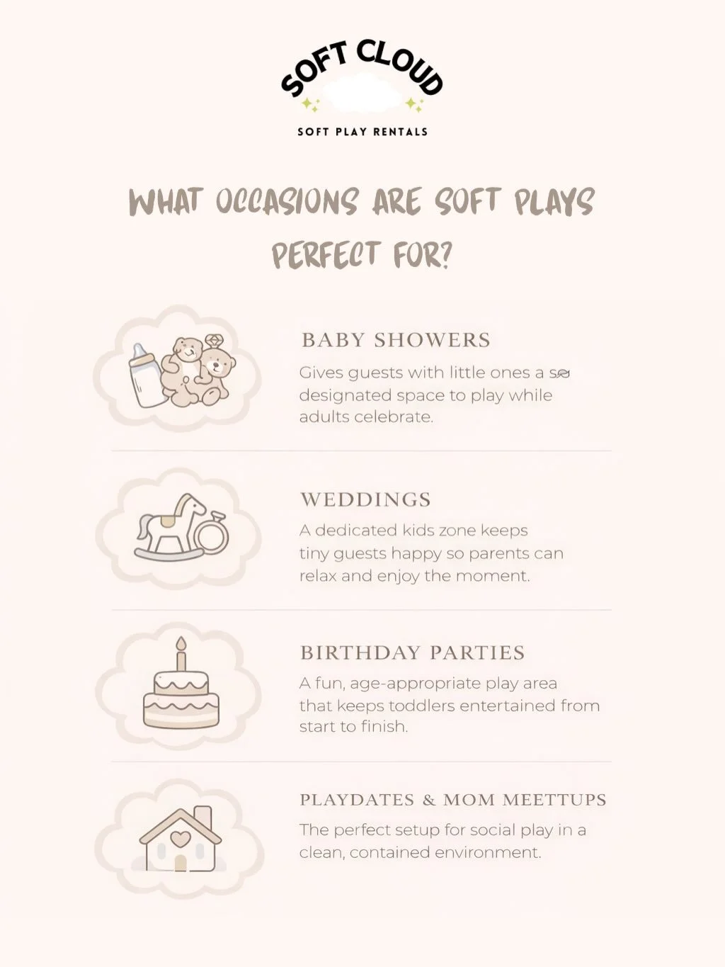 Did you know soft play can be used for more than birthday parties?
🍼 Baby showers
💍 Weddings
🧑&zwj;🧑&zwj;🧒&zwj;🧒 Family gatherings
✨ Pop-ups &amp; brand events
📸 Photo shoots &amp; social events
A neutral, safe play space designed to fit your 