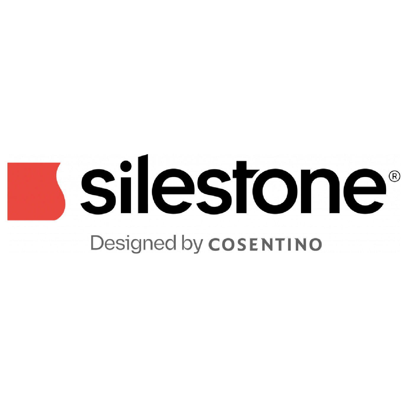 Silestone logo with a red square and black text, indicating it is designed by Cosentino.
