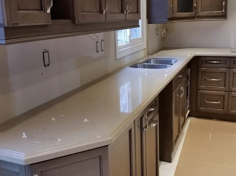 Kitchen countertop with double sink, wooden cabinets above and below, and a window providing natural light.