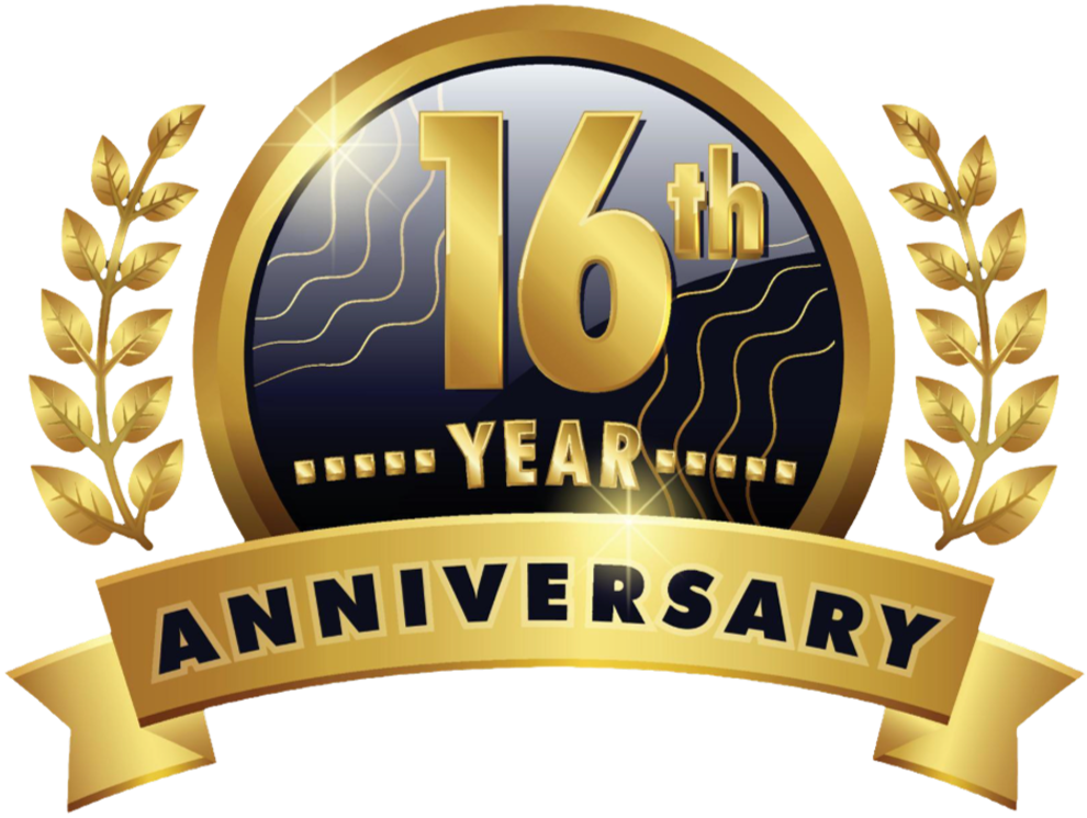 Gold and black emblem with the text '16th Year Anniversary' surrounded by gold laurel branches.