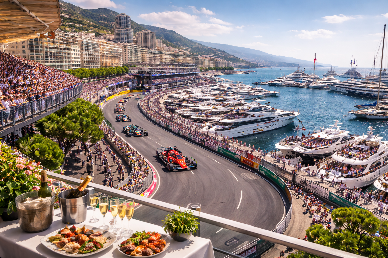 A view from a balcony overlooking a street race on a coastal city street, with a long row of yachts docked in the harbor and high-rise buildings on a hillside in the background.