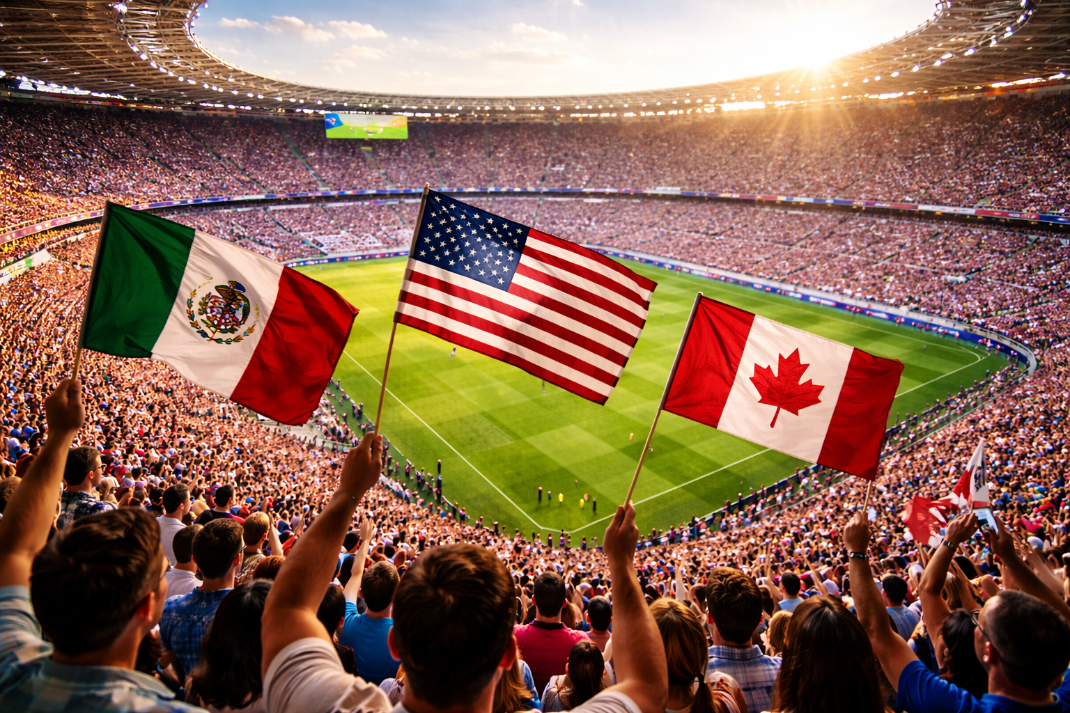Crowd at a stadium holding flags of Mexico, the United States, and Canada during a sports event.