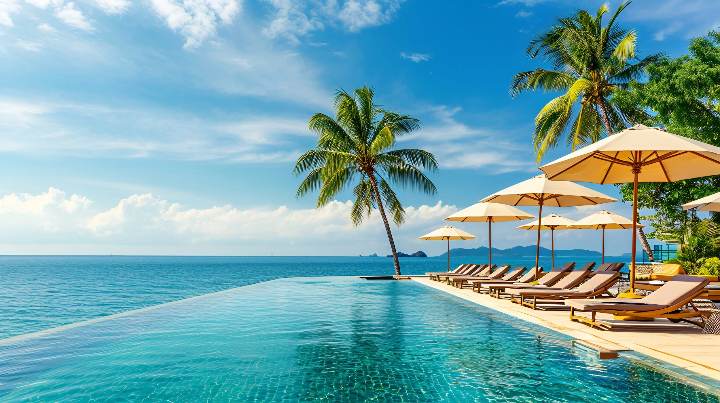 Swimming pool on a beach with lounge chairs and white umbrellas, palm trees, and the ocean in the background under a blue sky.