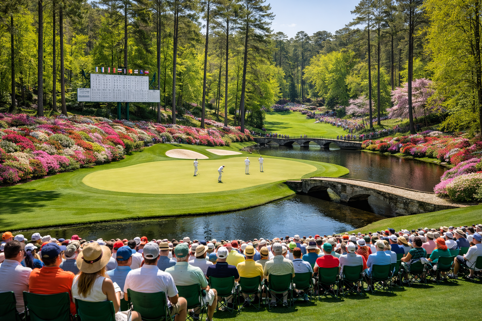 A golf tournament taking place on a beautifully landscaped course with lush green grass, flowering bushes, tall trees, a water hazard, and a stone bridge. Spectators are seated on chairs along the water, watching four golfers putting on the green, with a scoreboard and flags visible in the background.