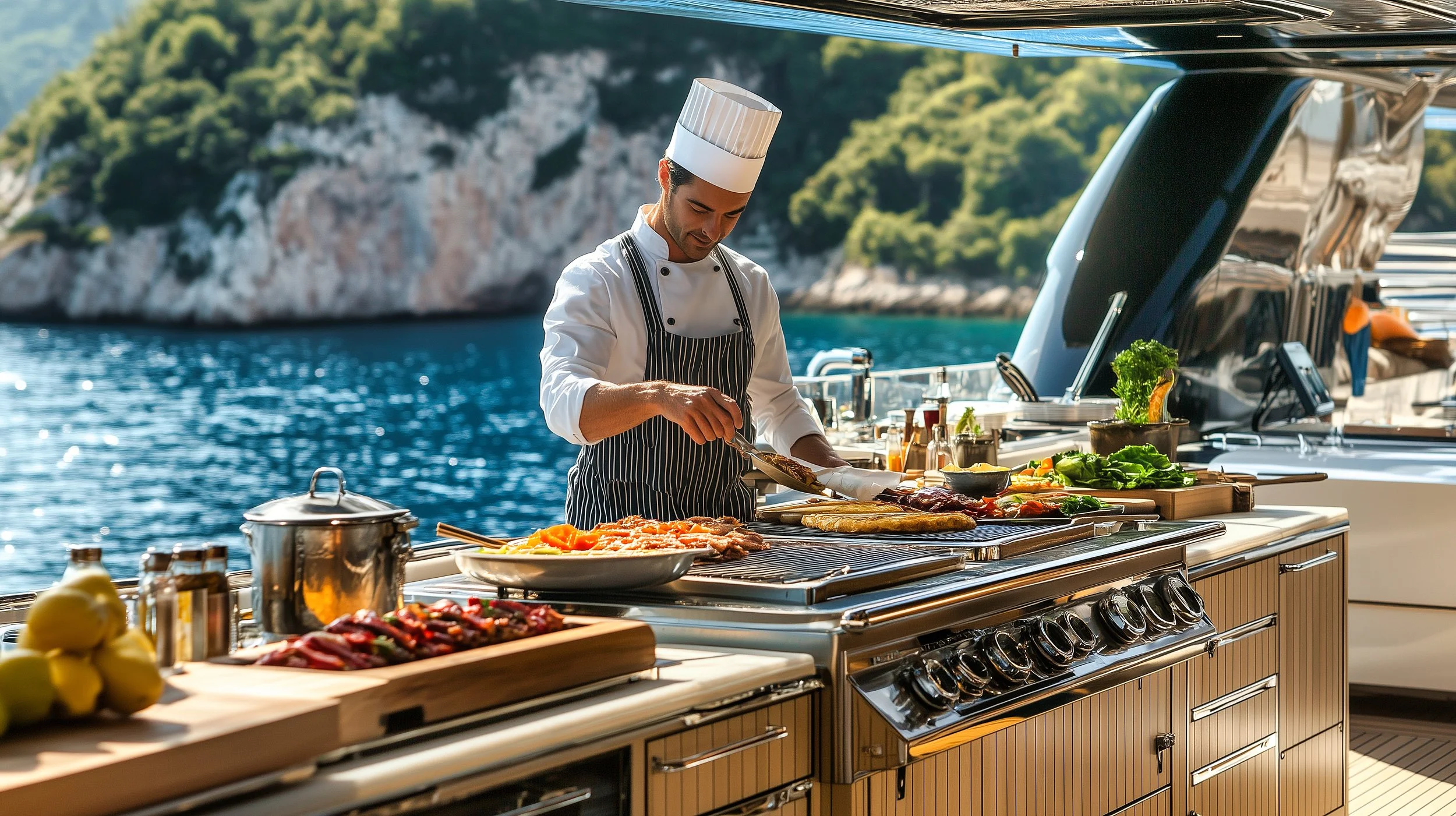 Chef cooking on an outdoor yacht kitchen with a scenic water and mountain background, featuring various fresh ingredients and cooking equipment.