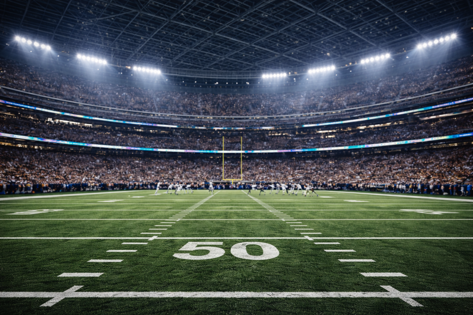An indoor football stadium with a green field and white yard lines, filled with spectators, lighting, and players on the field.
