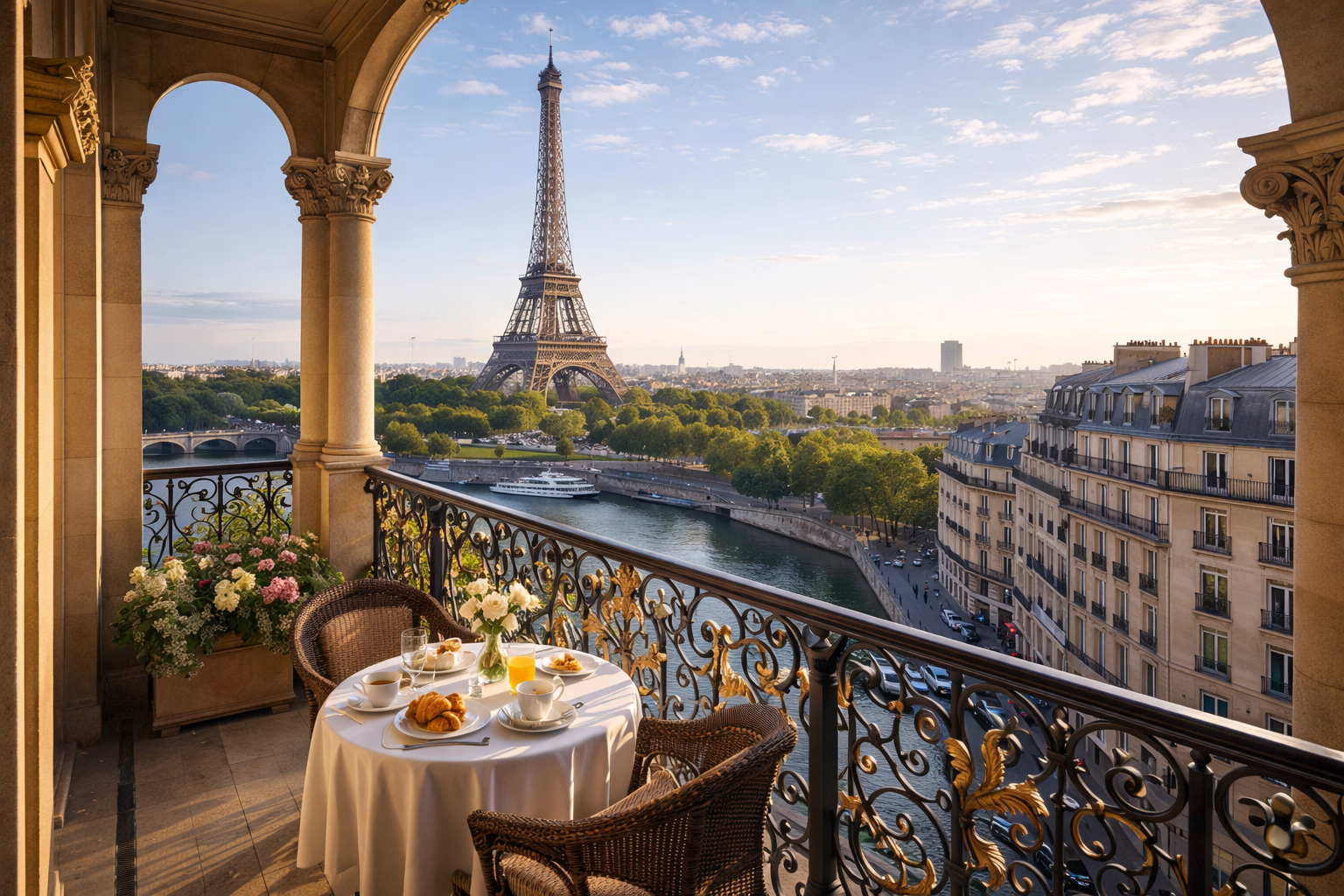 Breakfast setting on a balcony overlooking the Seine River in Paris with the Eiffel Tower in the background, beautifully set with plates, cups, and flowers.