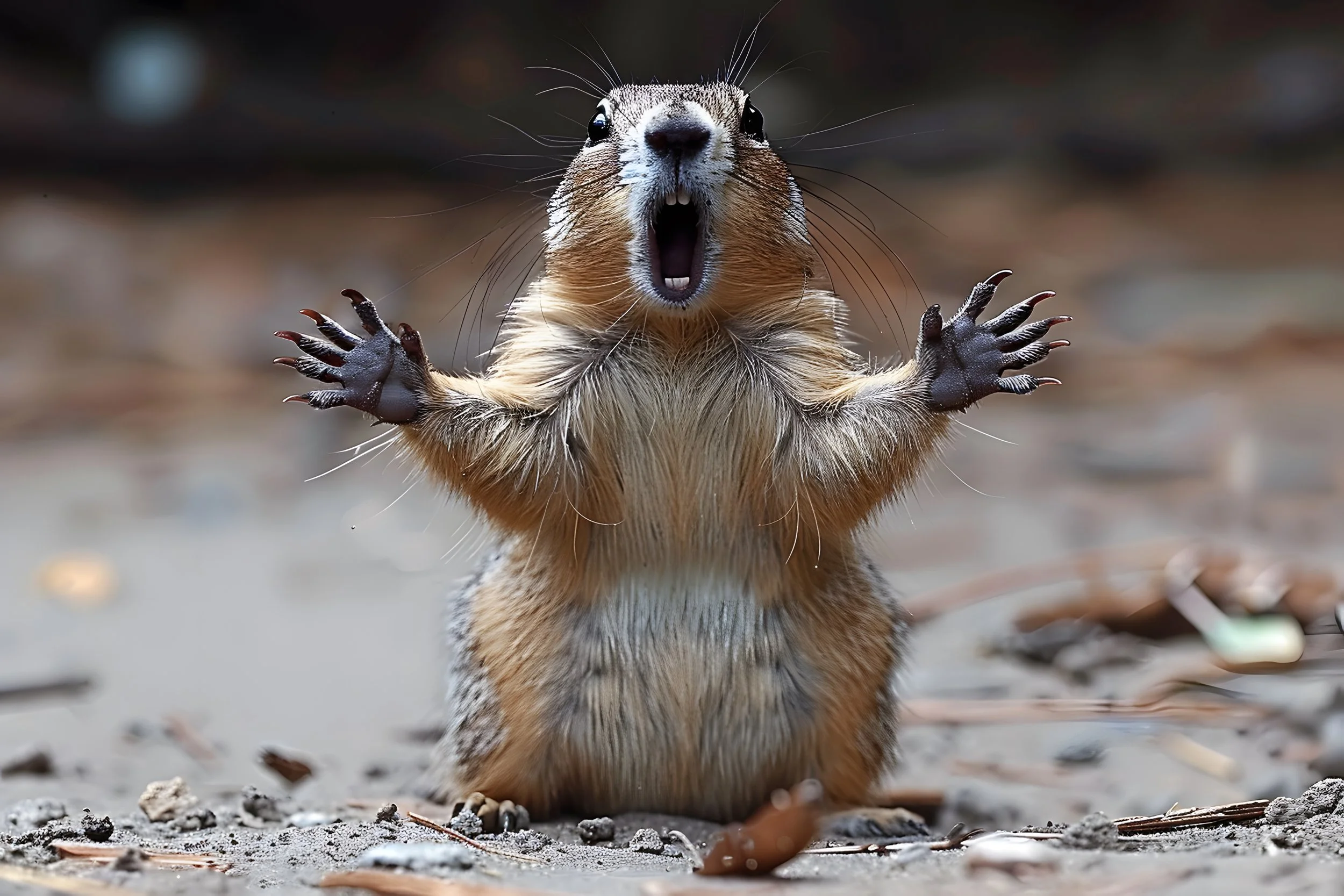 A squirrel, standing on its hind legs with its front paws raised and mouth open, appearing to look surprised.