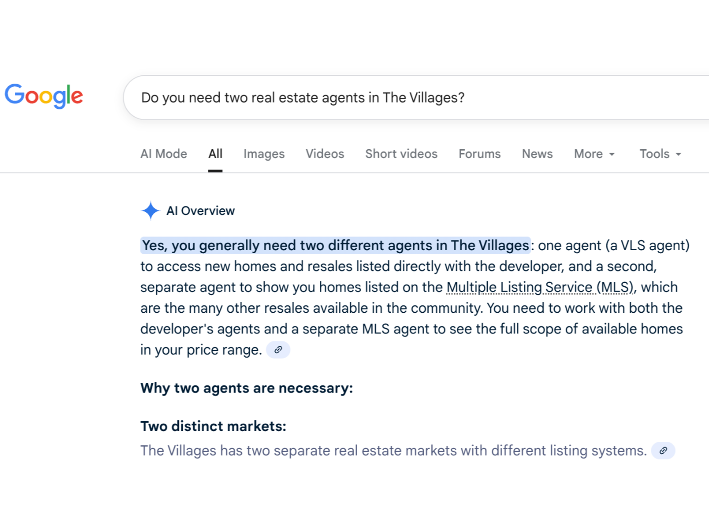 Screenshot of a Google search page with a query about two real estate agents in The Villages. The search results show an AI overview explaining the need for two different agents for access to new homes and resale listings, working with developers and showing homes on the Multiple Listing Service.