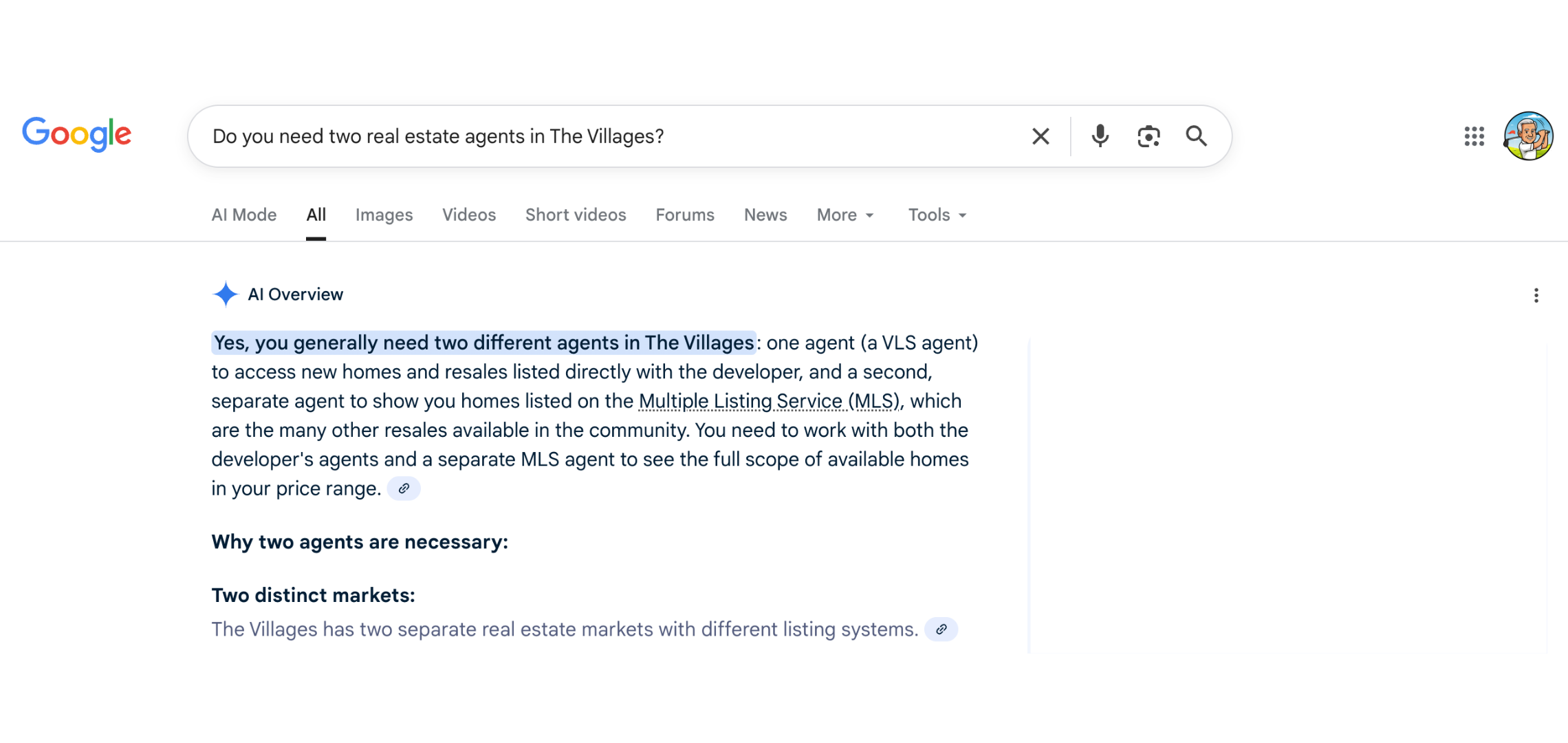 Screenshot of a Google search results page for the question 'Do you need two real estate agents in The Villages?' showing the AI overview answer that explains the need for two different agents for real estate transactions in The Villages.
