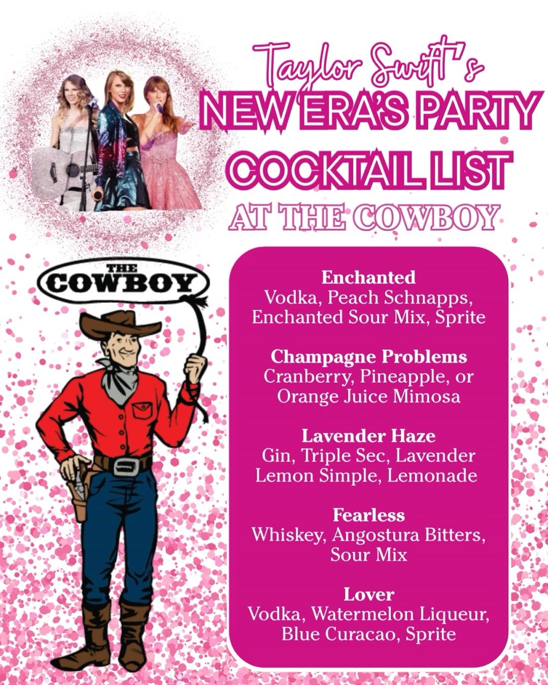 ✨ It&rsquo;s happening TOMORROW! ✨
The Taylor Swift New Eras Party kicks off Friday, May 16th 🎤💖
Get ready to sip on era-inspired drinks like Enchanted, Champagne Problems, Lavender Haze, Fearless, and Lover 🍹
Dress your era. Drink your era. Dance