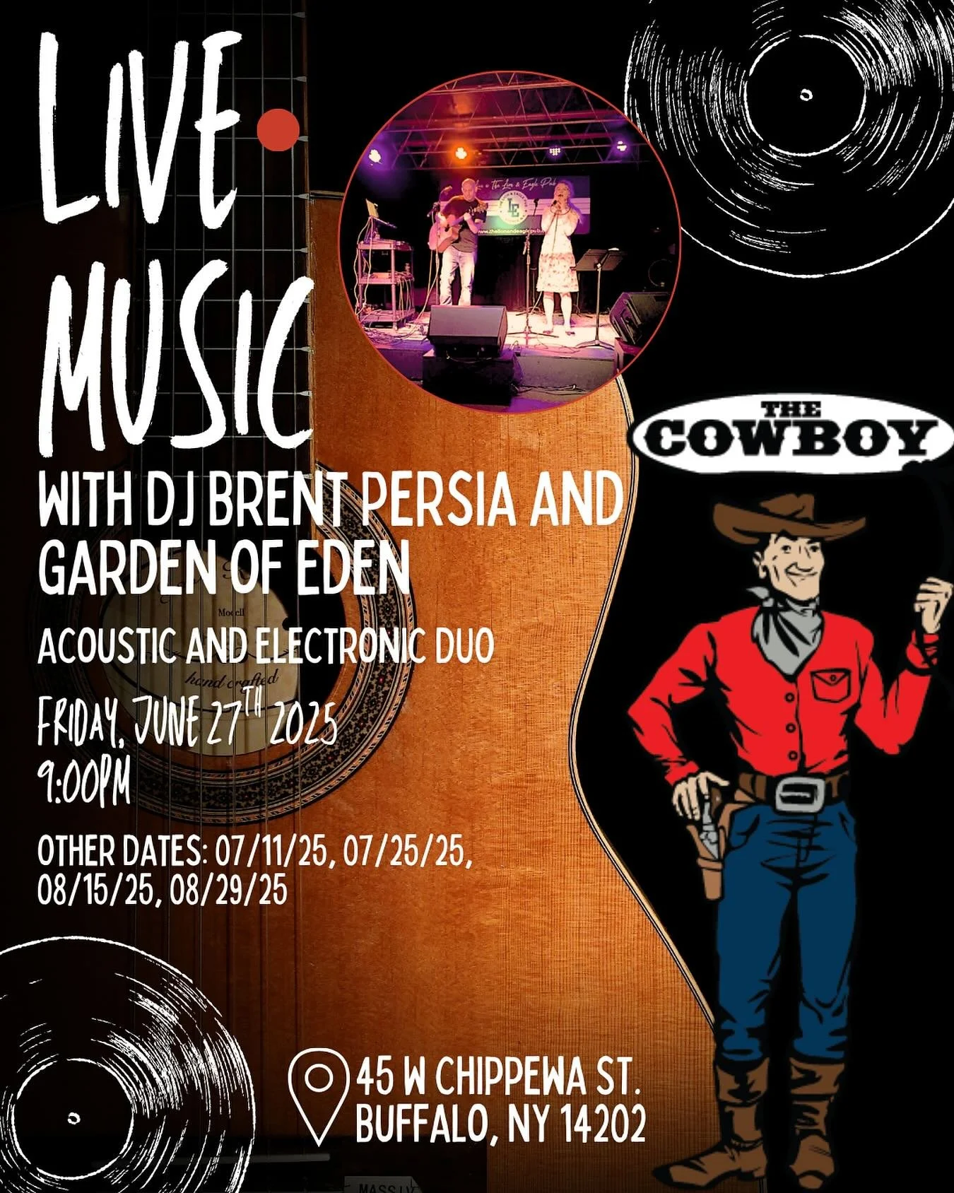 🤠 Saddle up, Buffalo &mdash; LIVE MUSIC is ridin&rsquo; into The Cowboy!

This Friday, June 27th at 9PM, kick up some dust with DJ Brent Persia &amp; Garden of Eden &mdash; an acoustic and electronic duo bringin&rsquo; boot-stompin&rsquo; beats and 