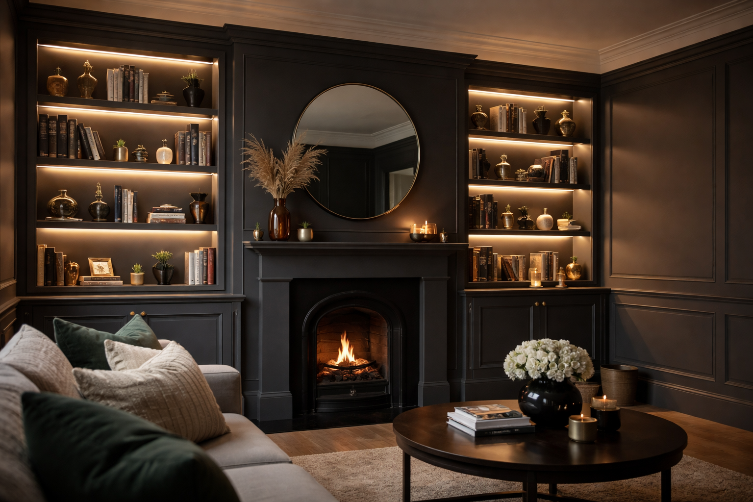 charcoal living room alcove cabinets and shelving