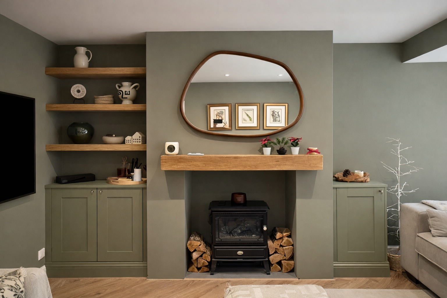 farrow and ball green alcove cabinets