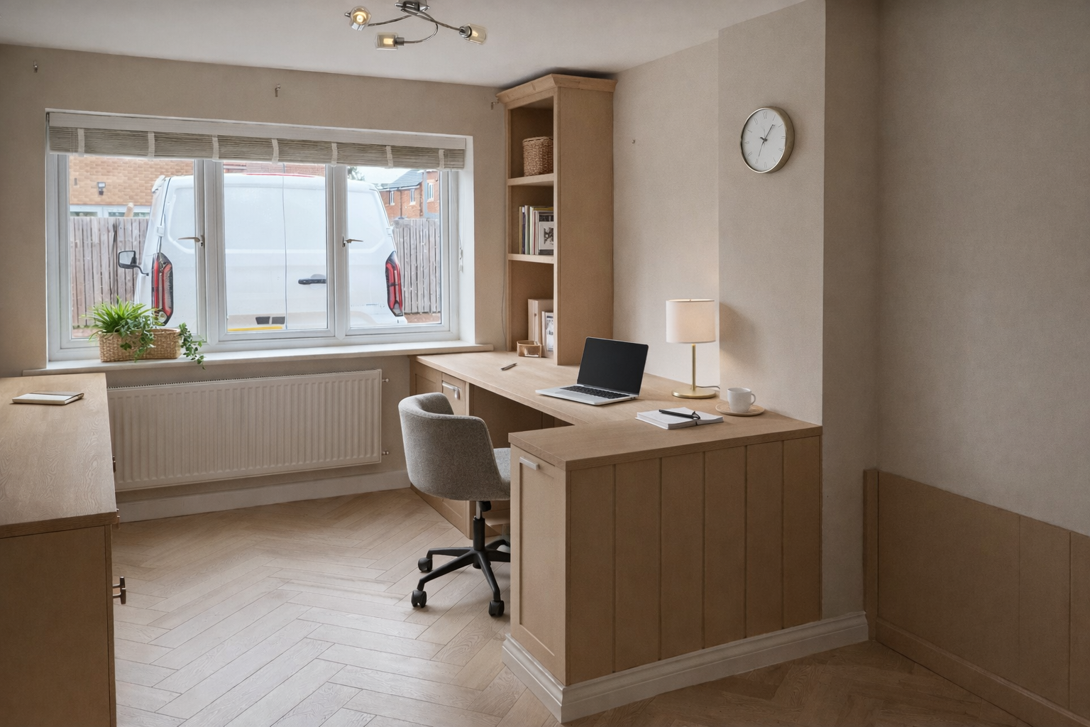 oak and beige home office