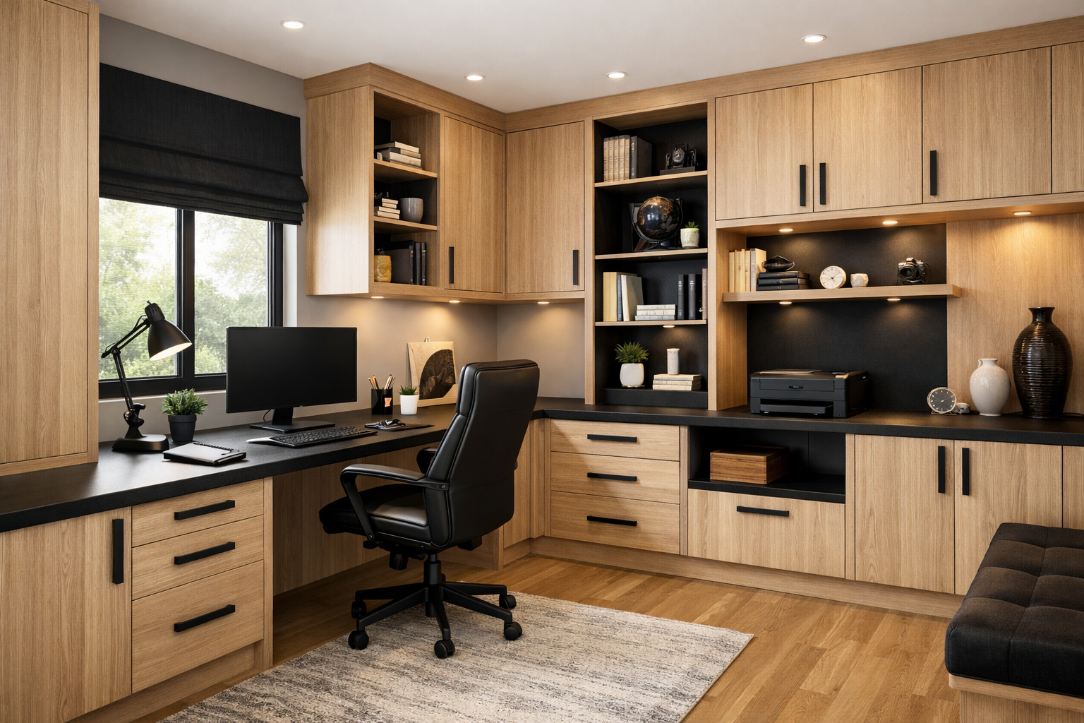 white oak and black accent home office