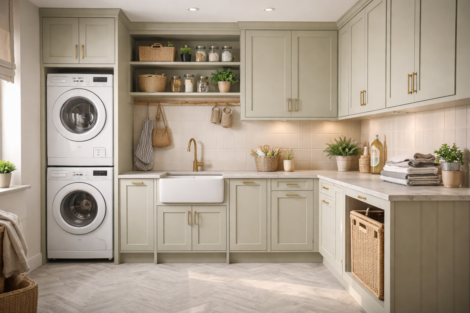 light green and marble utility room